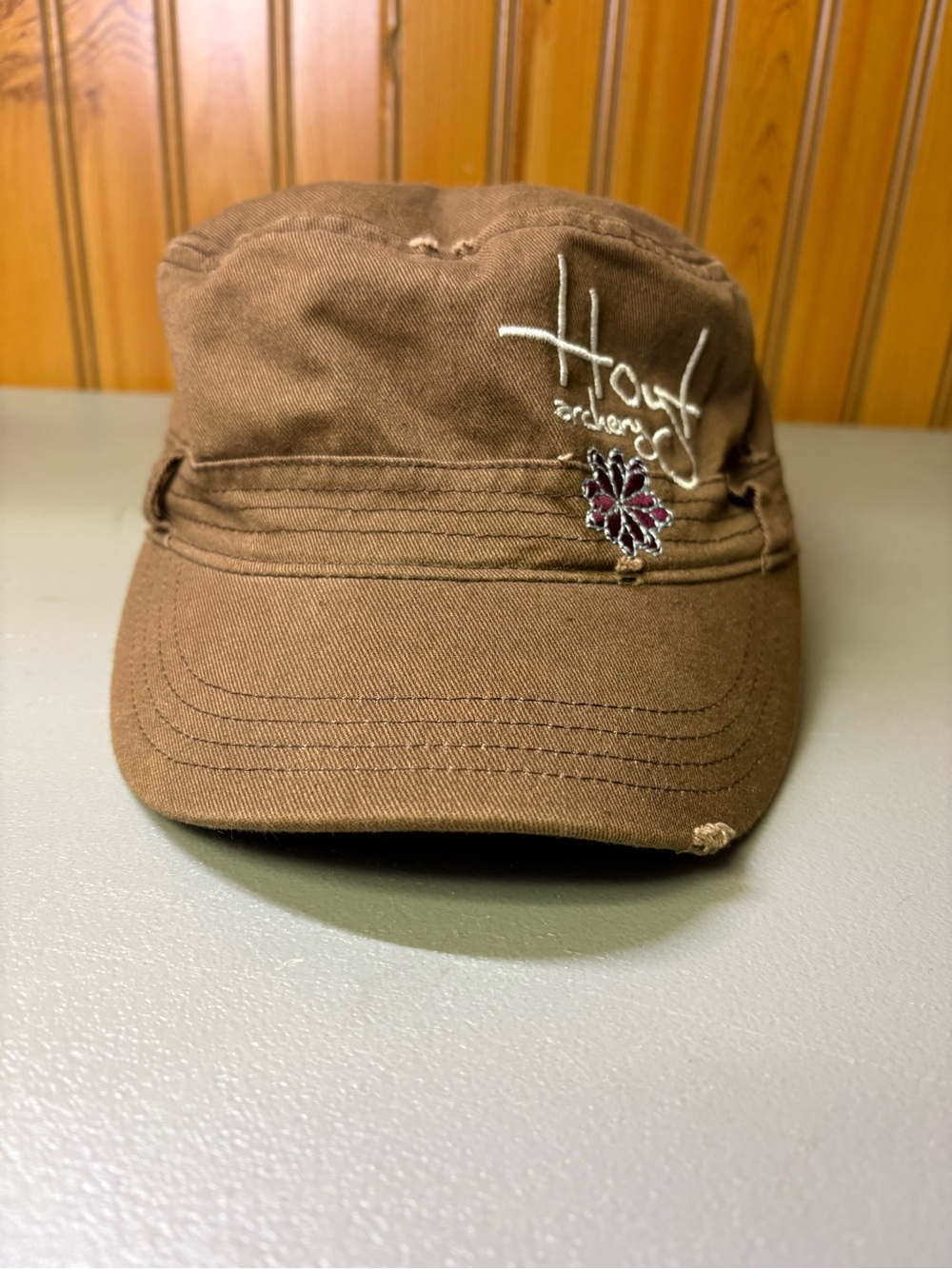Brown Women's Casual Military-Style Cap with Embroidered Flower